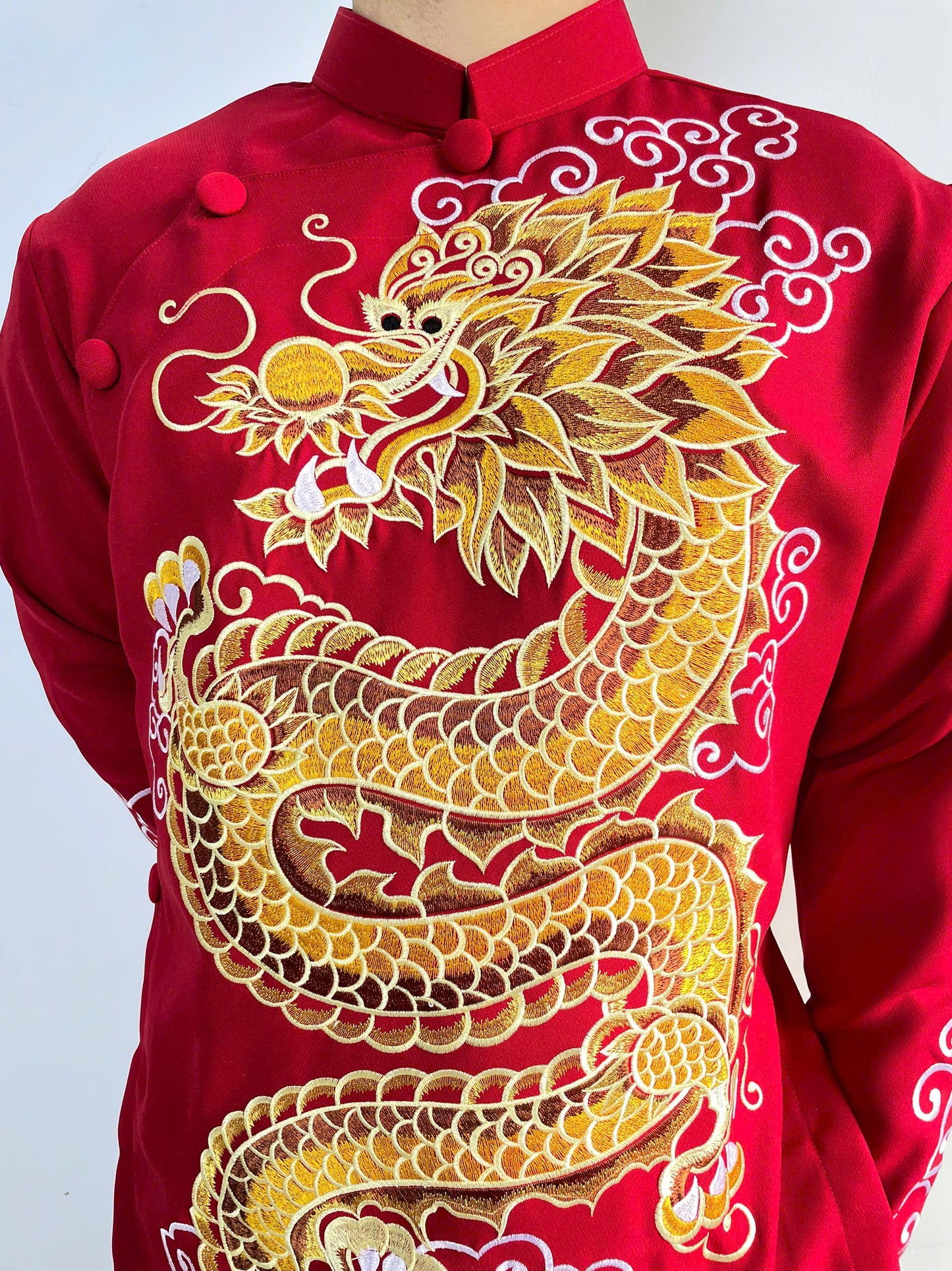 Red Embroidered Ao Dai Men- Dragon Ao Dai Men Dress