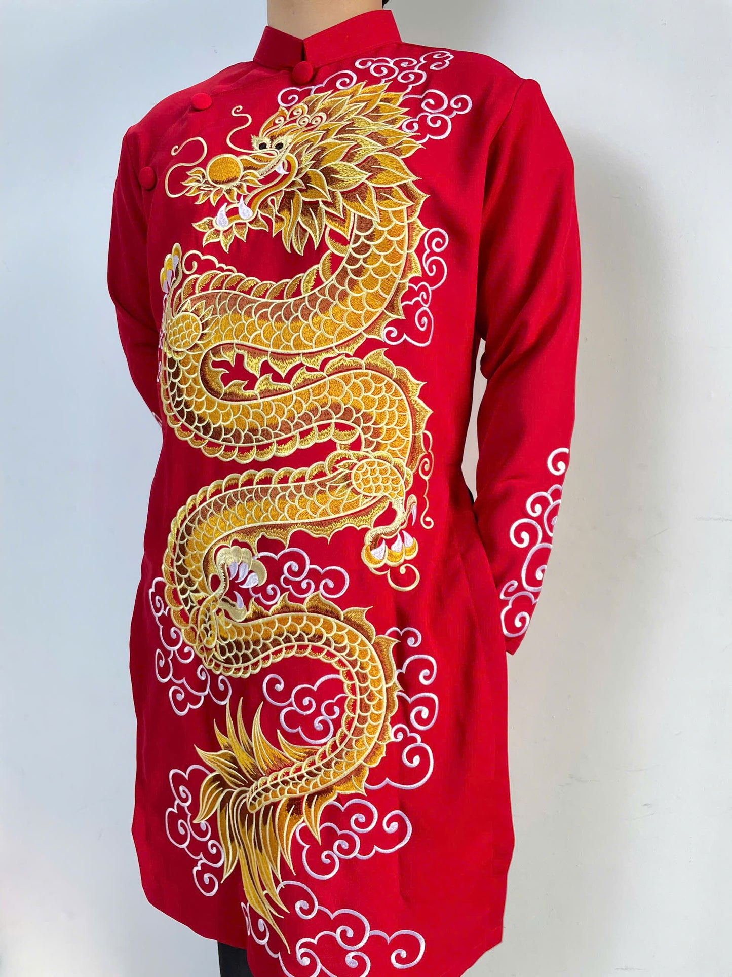 Red Embroidered Ao Dai Men- Dragon Ao Dai Men Dress