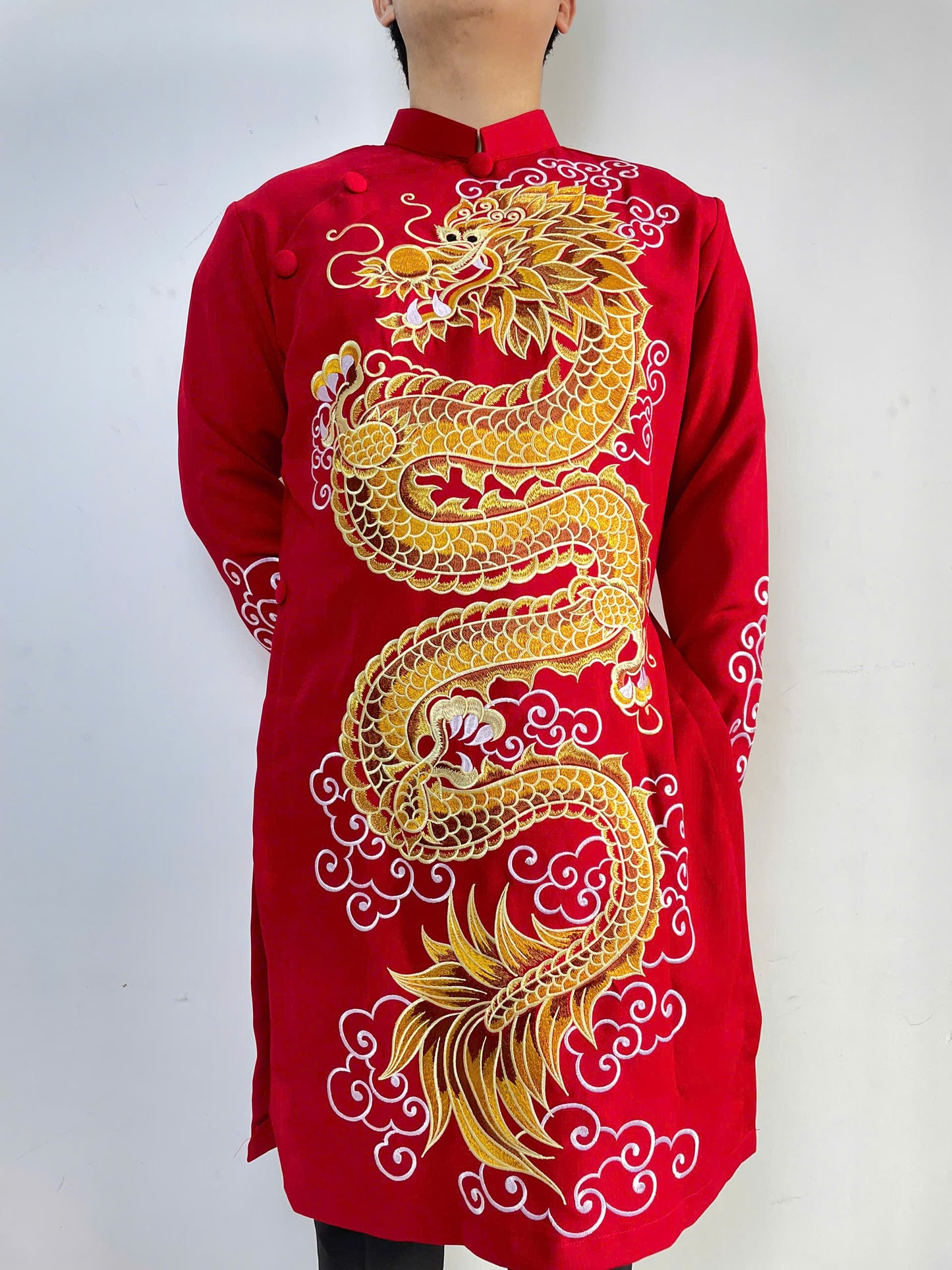 Red Embroidered Ao Dai Men- Dragon Ao Dai Men Dress