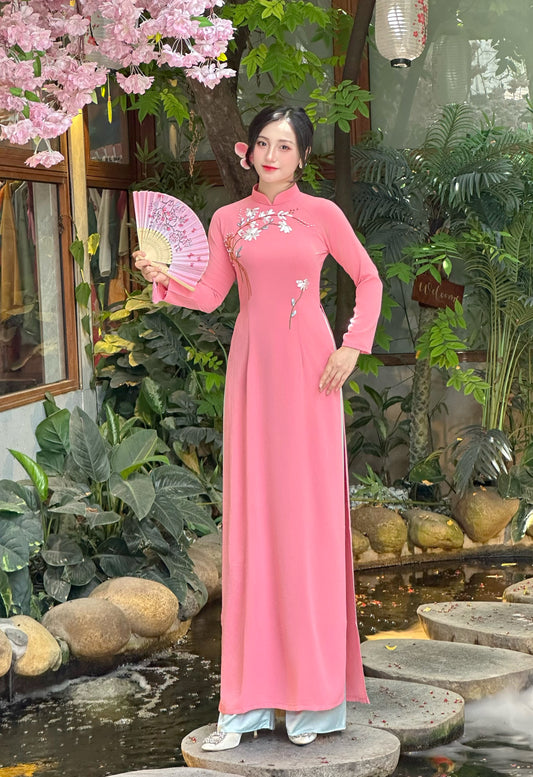 Áo Dài Thêu Hồng Dâu | Pre made ao dai for women | Vietnamese long dress with Pants