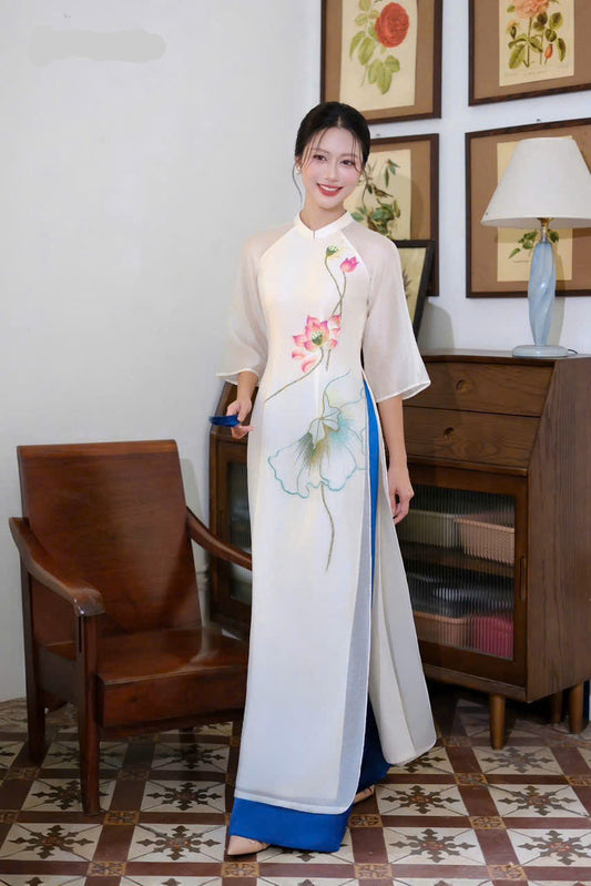 White Vietnamese Ao Dai w Lotus embroidered | Vietnamese long dress with Pants