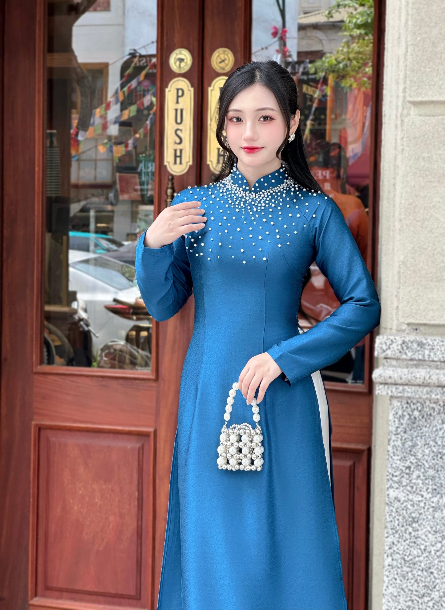 Blue Ao Dai With Crystal Beaded Design | Vietnamese Traditional Ao Dai | NO Pants