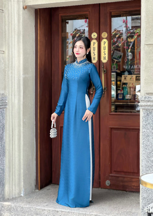 Blue Ao Dai With Crystal Beaded Design | Vietnamese Traditional Ao Dai | NO Pants