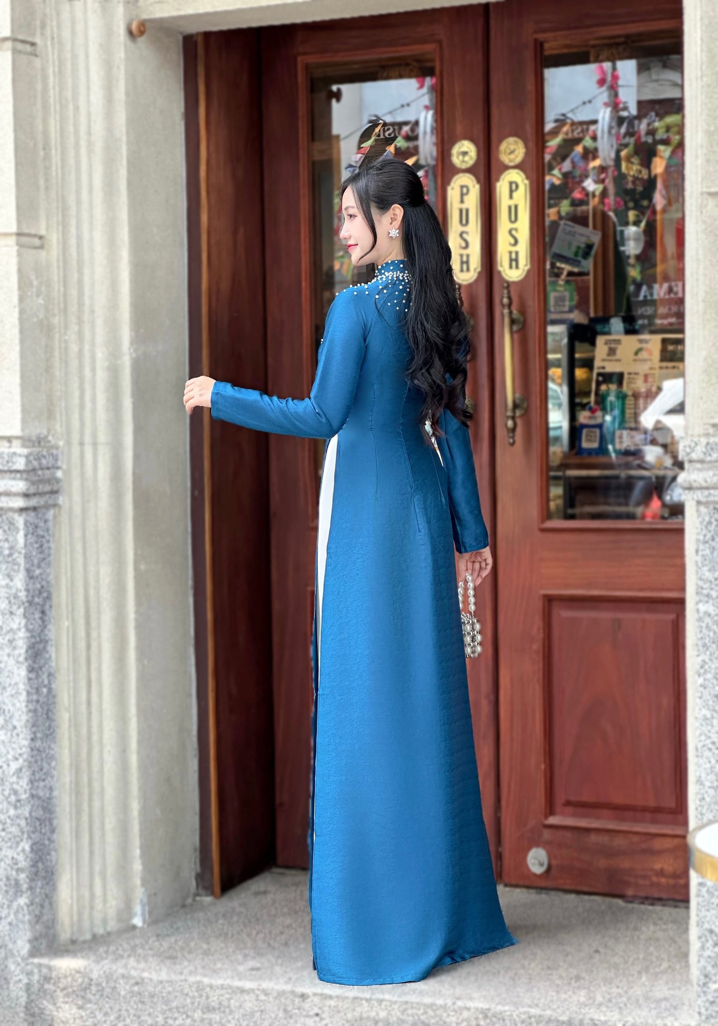Blue Ao Dai With Crystal Beaded Design | Vietnamese Traditional Ao Dai | NO Pants