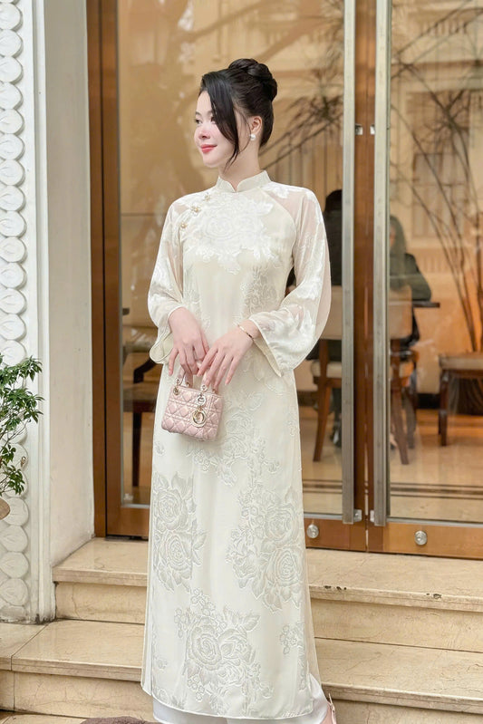 HAI VI Cream Roses pattern Ao Dai With Pants | Vietnamese Dress For Women