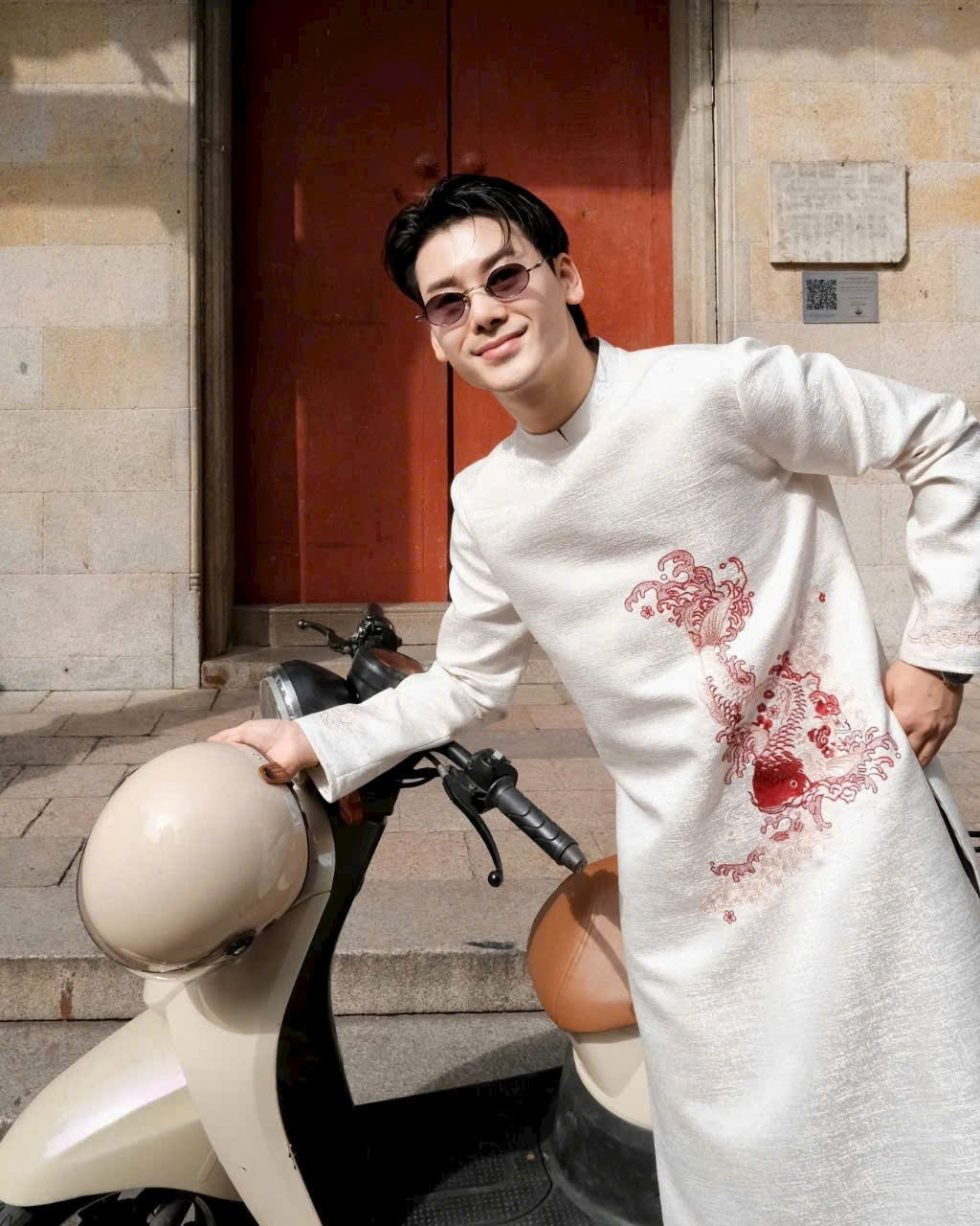 Cream Koi Embroidered Modern Ao Dai Men- Ao Dai Vietnam