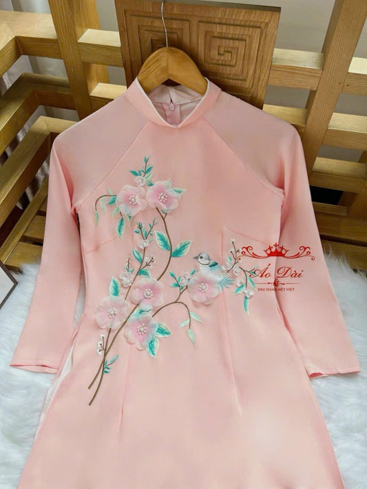 Pink Sparrows Embroidery Ao Dai For Women | Traditional Ao Dai Vietnam