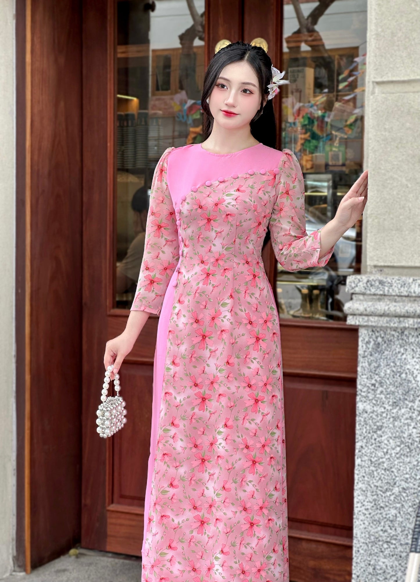 Pinky Tơ Voan Ao Dai With Puffy Sleeves | Vietnamese Traditional Ao Dai