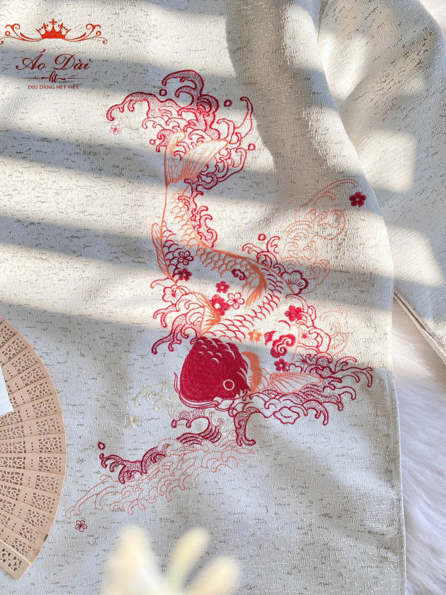 Cream Koi Embroidered Modern Ao Dai Men- Ao Dai Vietnam