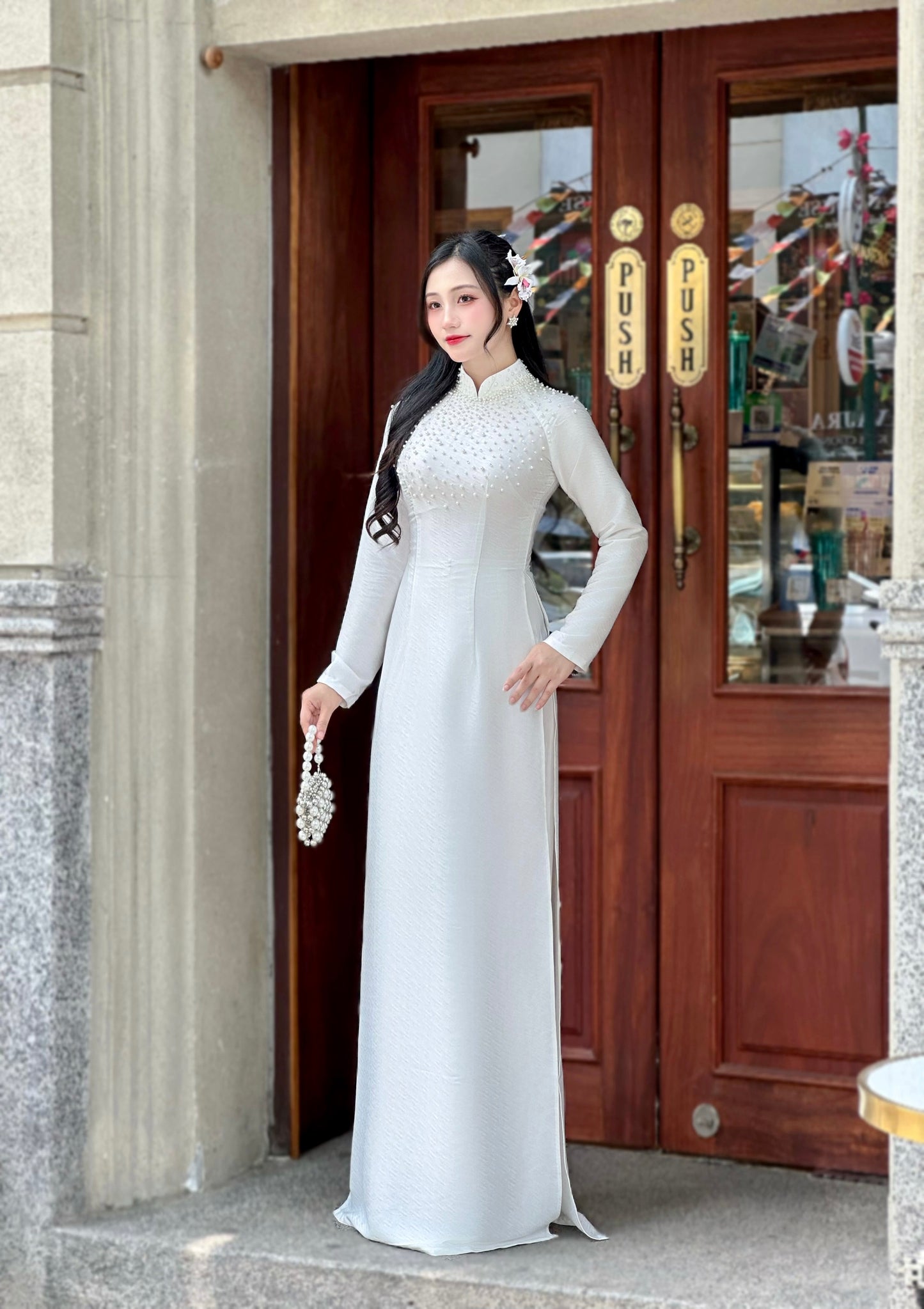 White Ao dai with simple crystals rhinestones | Vietnamese Traditional Ao Dai | NO Pants