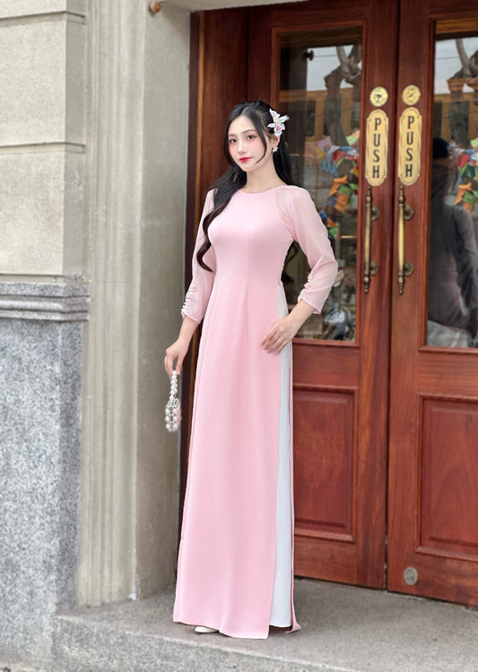 Blush Pink Ao dai with Pearls Sleeves | Vietnamese Traditional Ao Dai | NO Pants