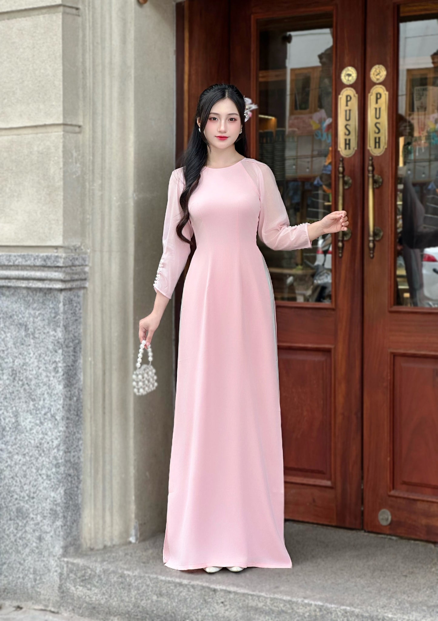Blush Pink Ao dai with Pearls Sleeves | Vietnamese Traditional Ao Dai | NO Pants