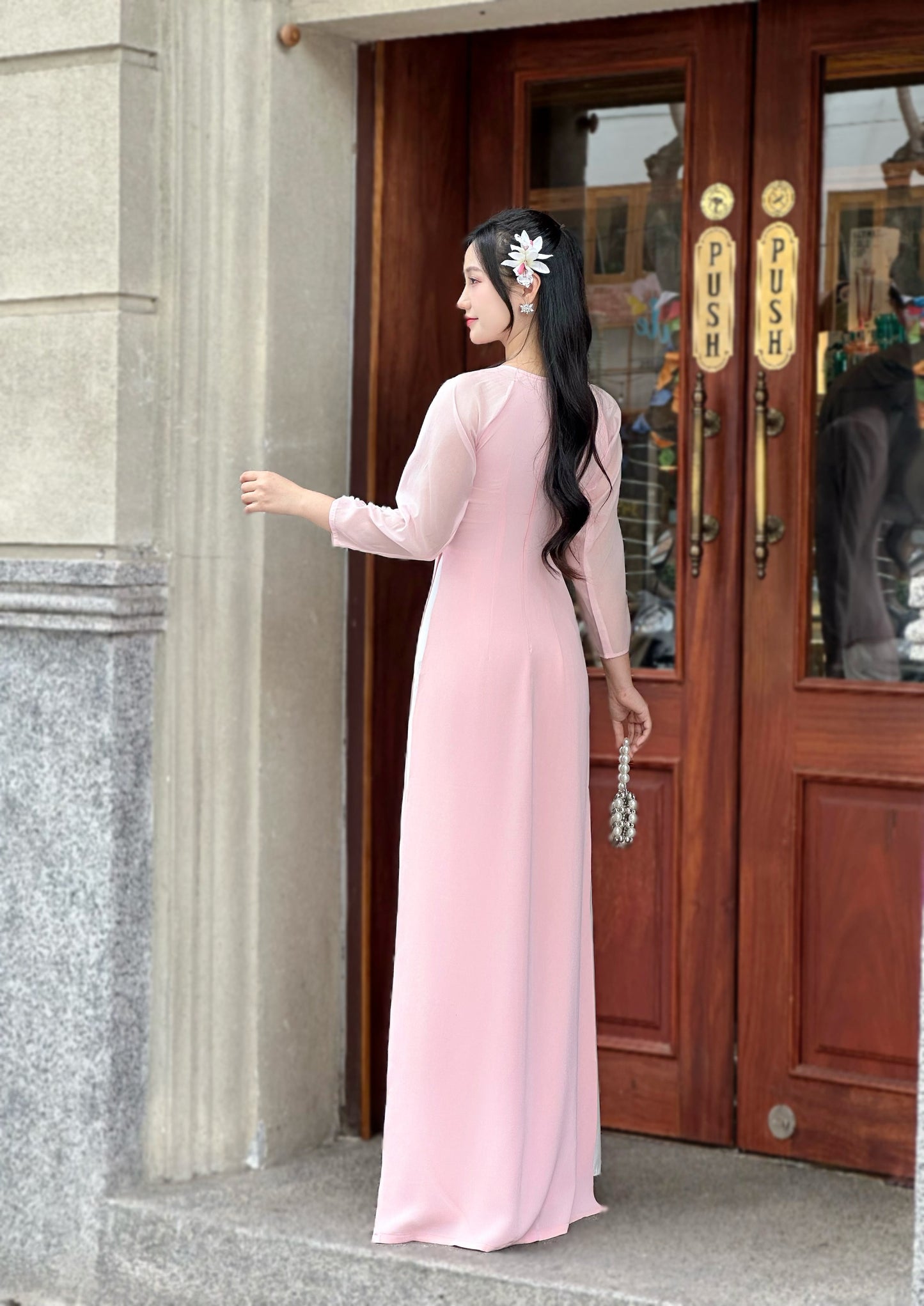 Blush Pink Ao dai with Pearls Sleeves | Vietnamese Traditional Ao Dai | NO Pants