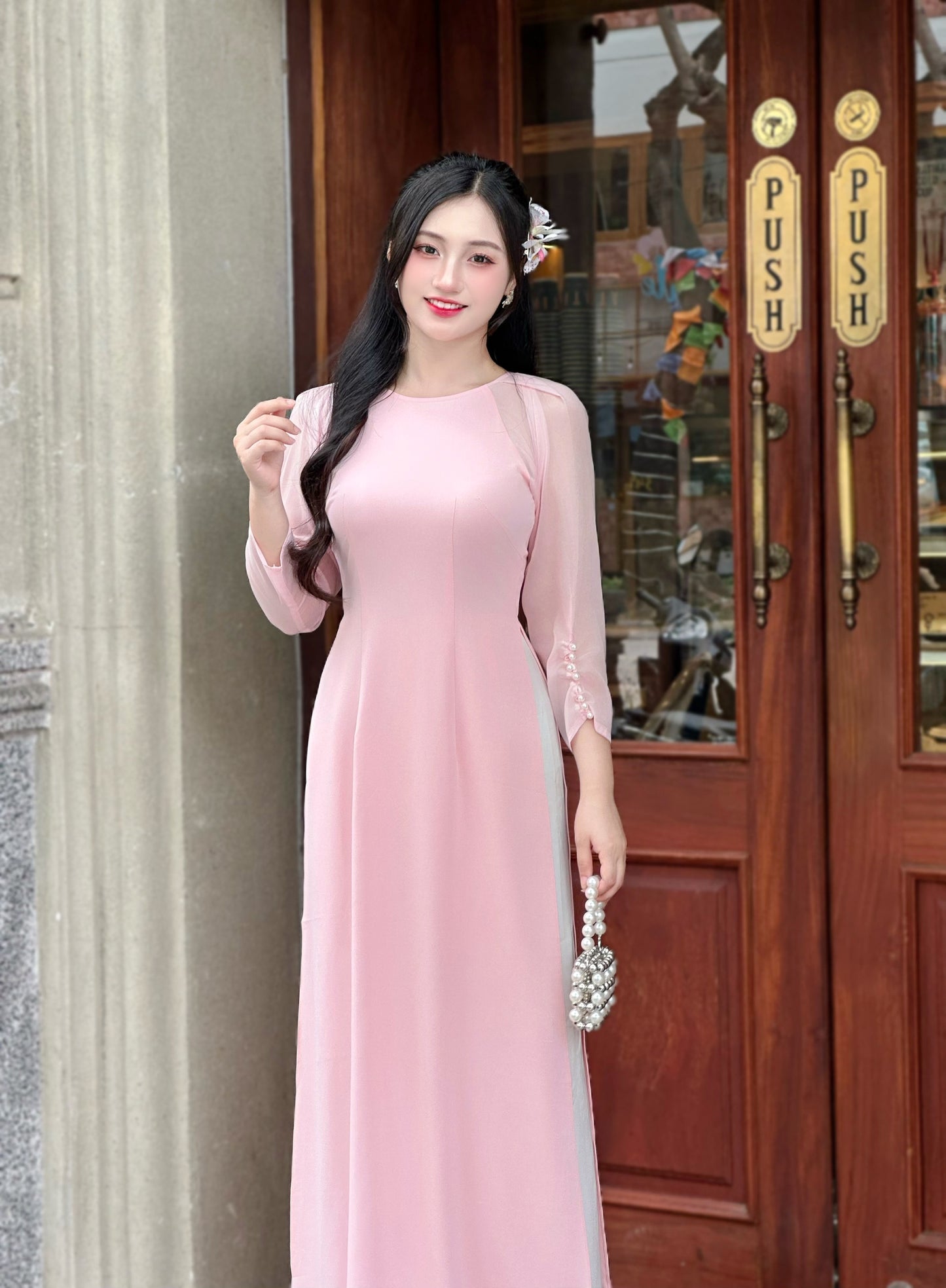 Blush Pink Ao dai with Pearls Sleeves | Vietnamese Traditional Ao Dai | NO Pants