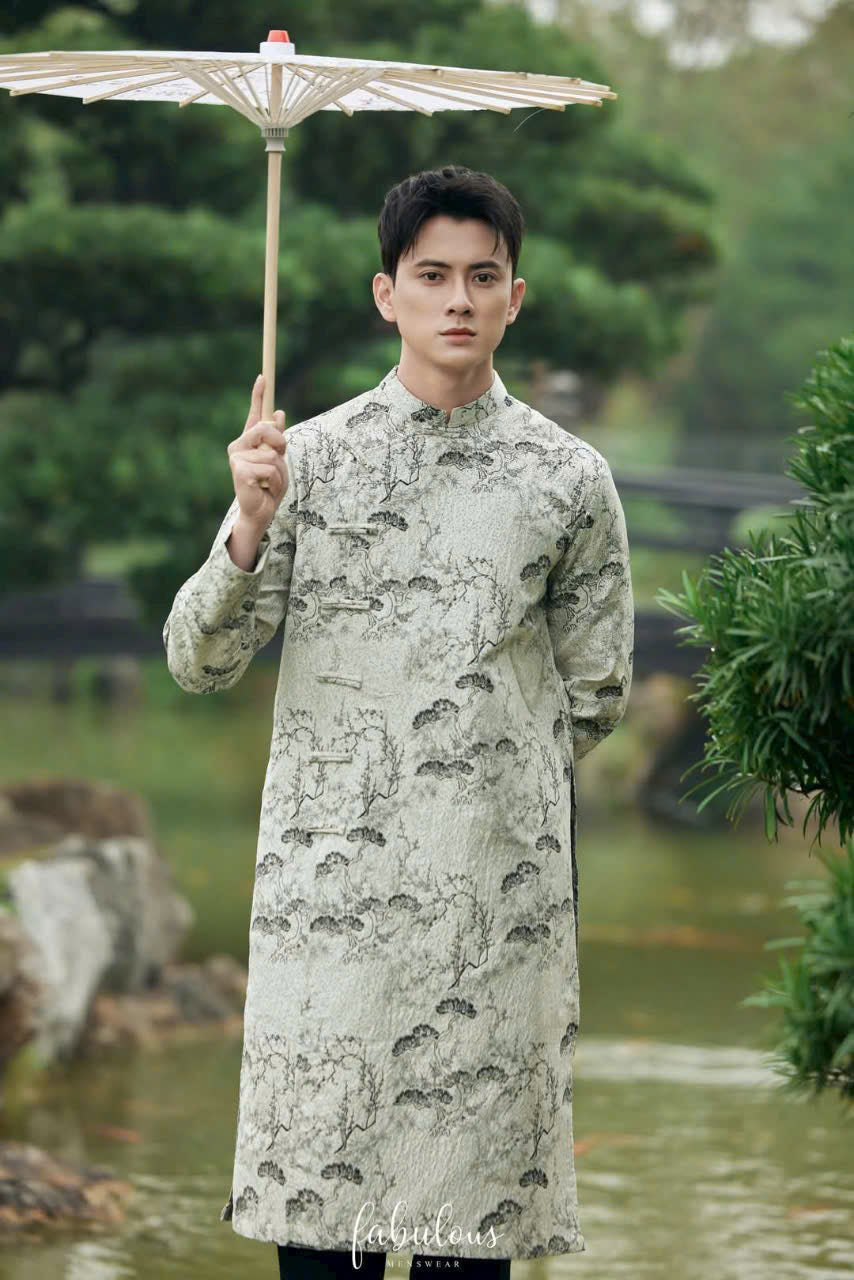 Gray Landscape Modern Ao Dai Men- Fake Button-Ao Dai Nam
