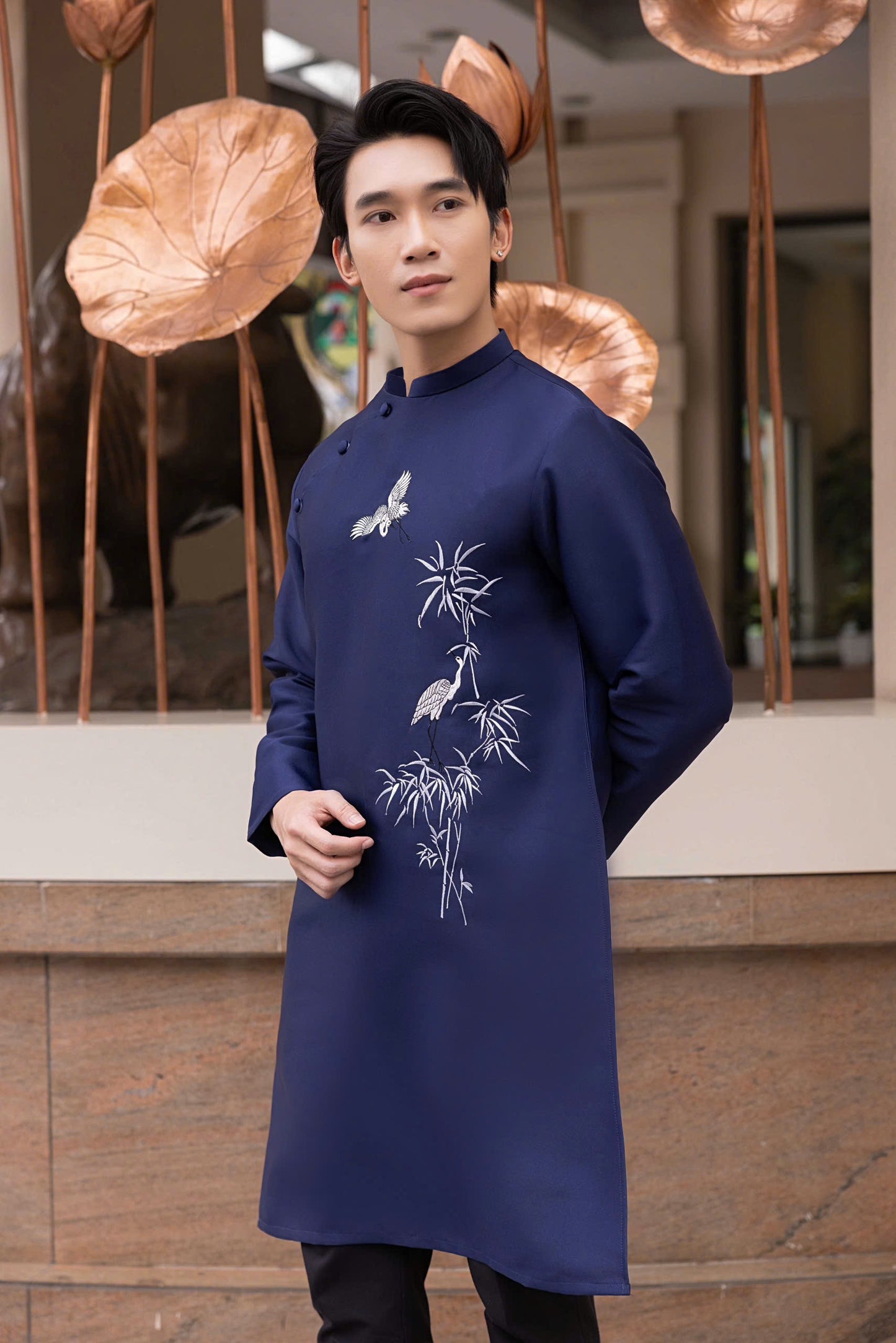 Navy Blue Embroidery Ao Dai Men- Ao Dai Nam