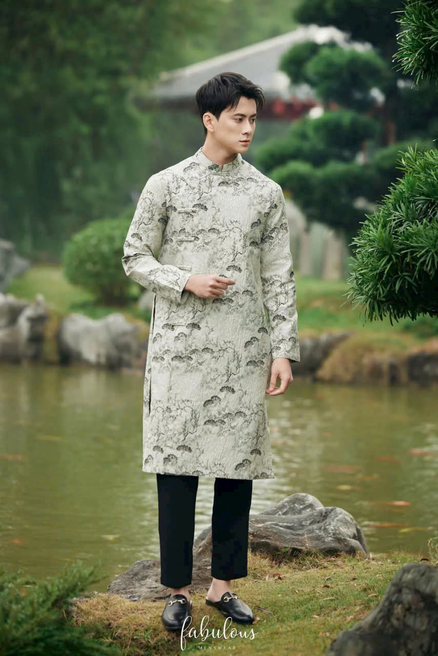 Gray Landscape Modern Ao Dai Men- Fake Button-Ao Dai Nam