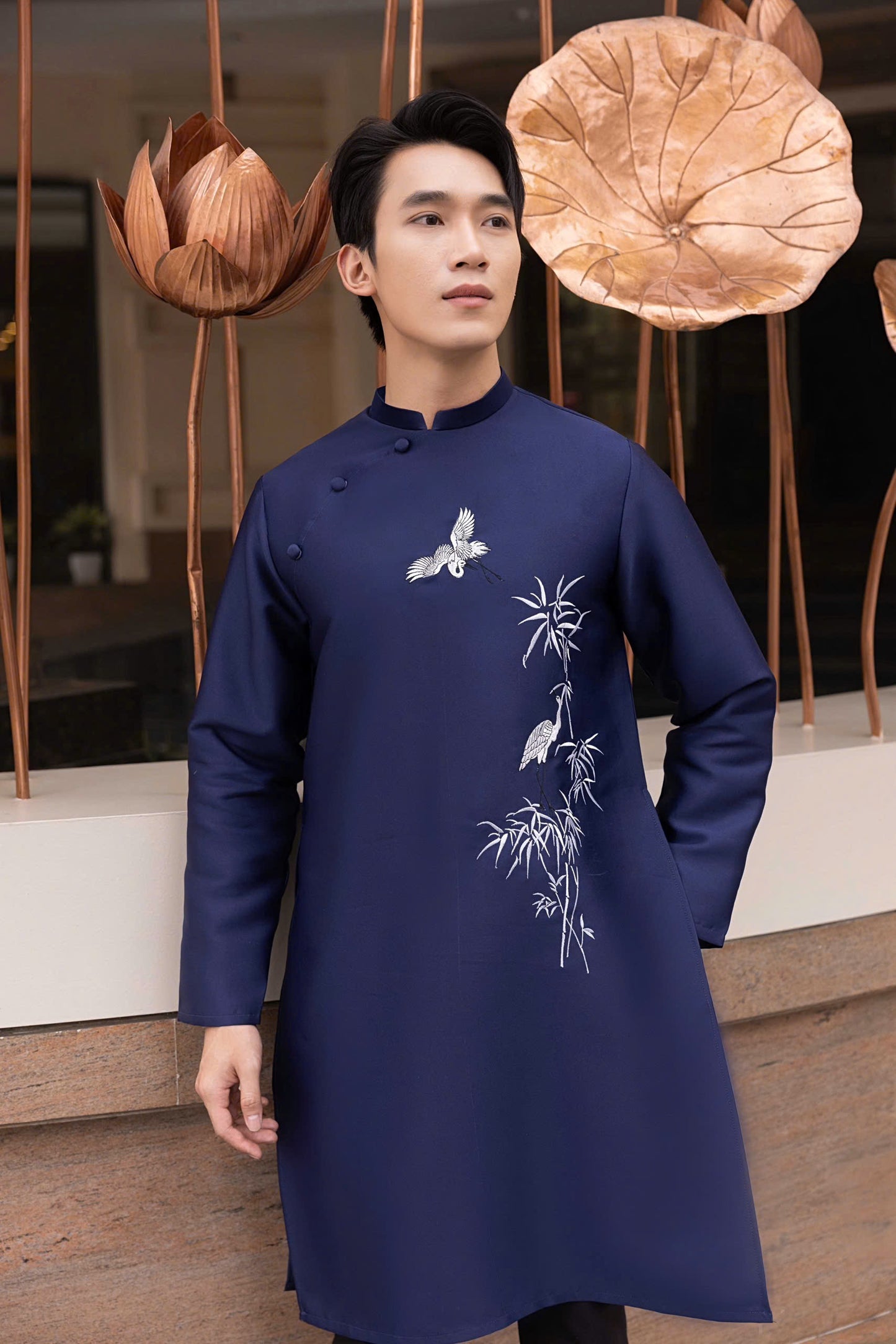 Navy Blue Embroidery Ao Dai Men- Ao Dai Nam