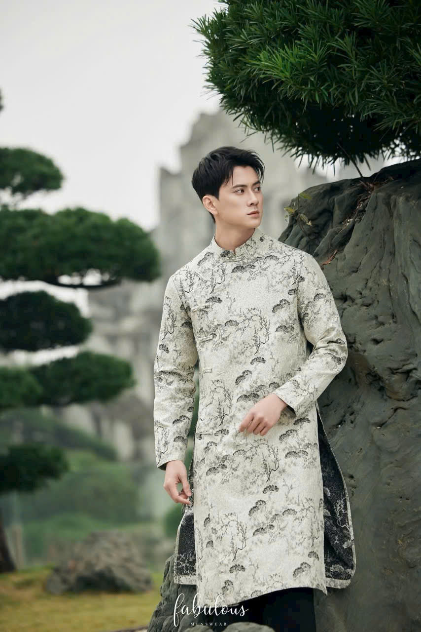 Gray Landscape Modern Ao Dai Men- Fake Button-Ao Dai Nam