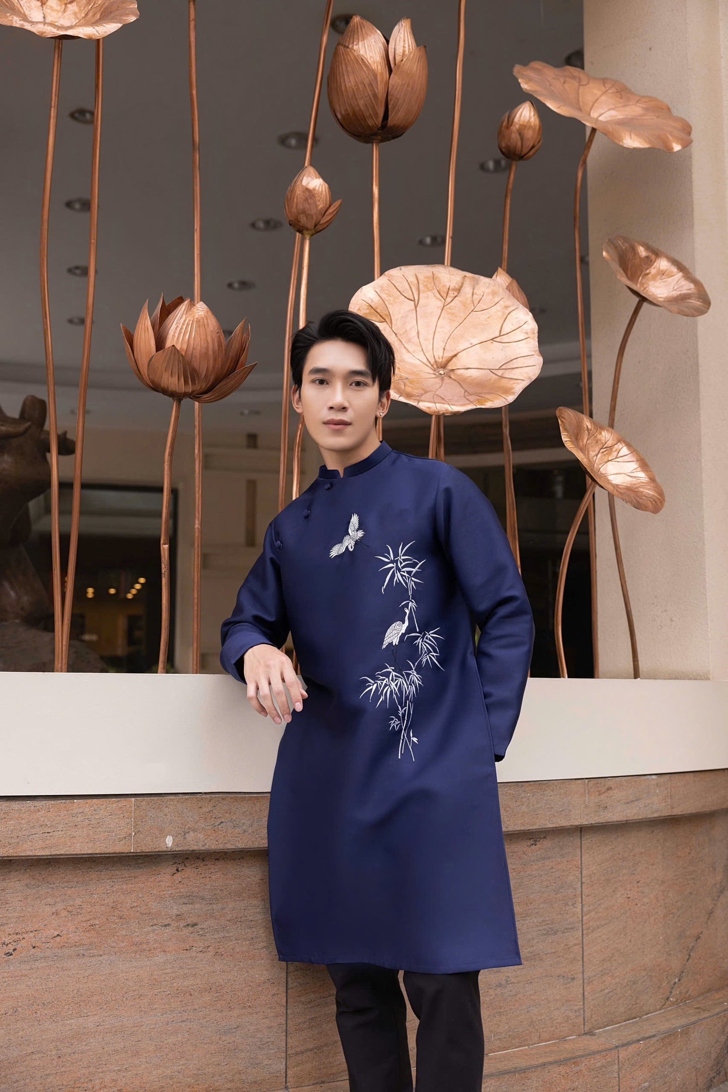 Navy Blue Embroidery Ao Dai Men- Ao Dai Nam