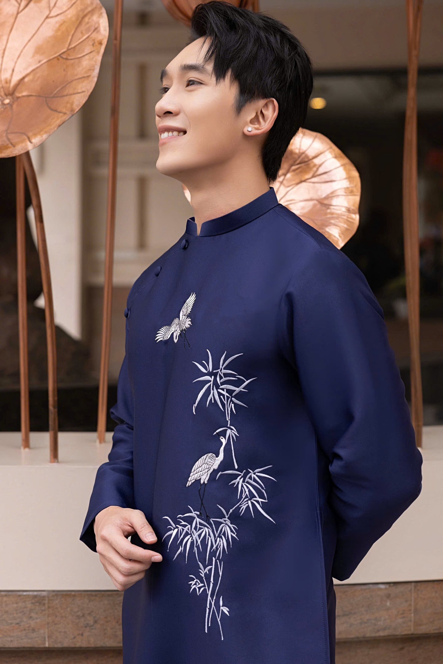 Navy Blue Embroidery Ao Dai Men- Ao Dai Nam