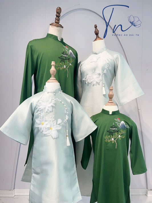 Baby Blue 3D Floral Ao Dai with Green pants | Matching ao dai for Mother Daughter
