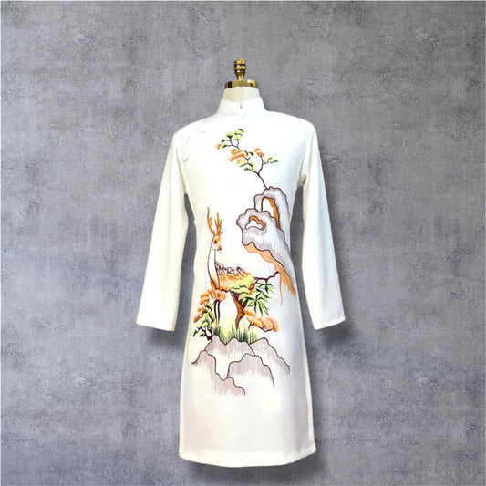 Ao Dai Men White Embroidered Deer | Vietnamese Traditional Outfit