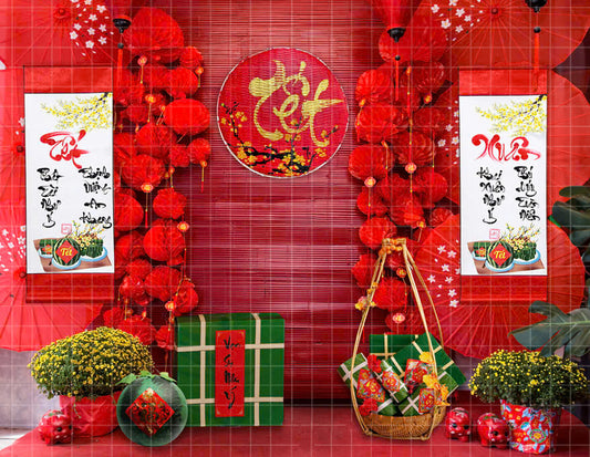 Backdrop Tet With New Year greetings | Tết Decorations | Liễn Đỏ Chúc Tết | PN-B123