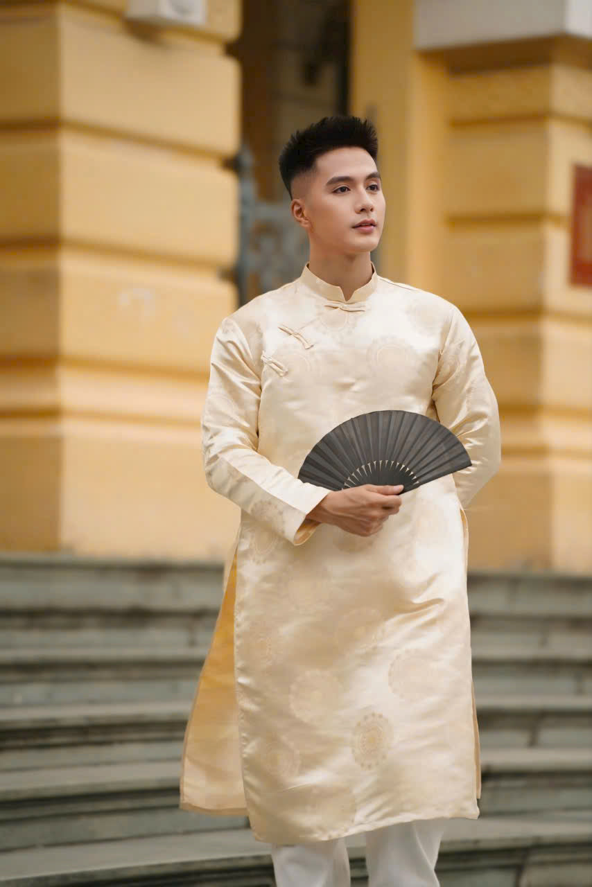 Beige Gấm Ao Dai Men - Traditional Ao Dai Vietnam - Uniform Ao Dai For Men