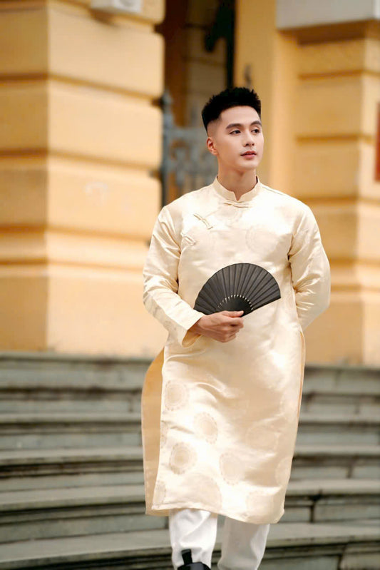 Beige Gấm Ao Dai Men - Traditional Ao Dai Vietnam - Uniform Ao Dai For Men