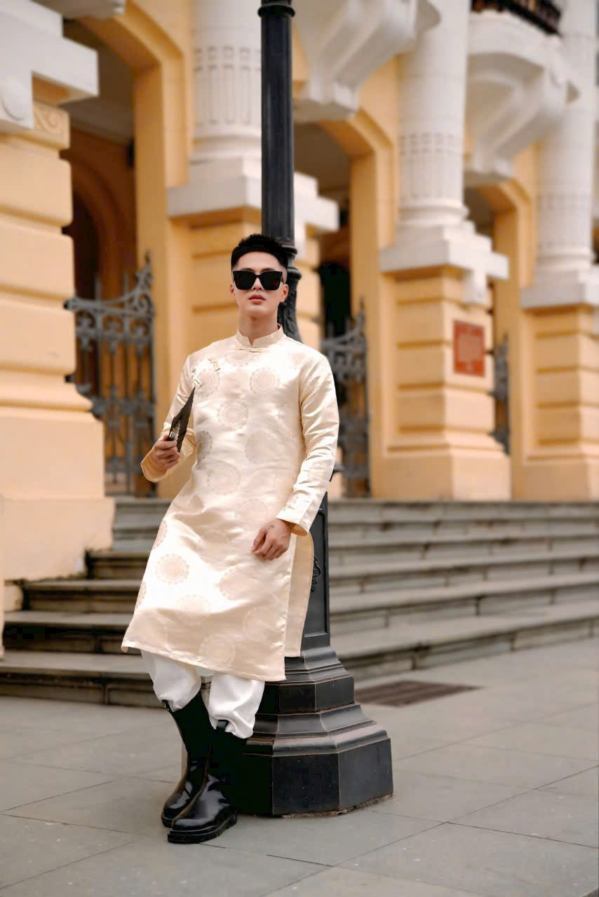 Beige Gấm Ao Dai Men - Traditional Ao Dai Vietnam - Uniform Ao Dai For Men