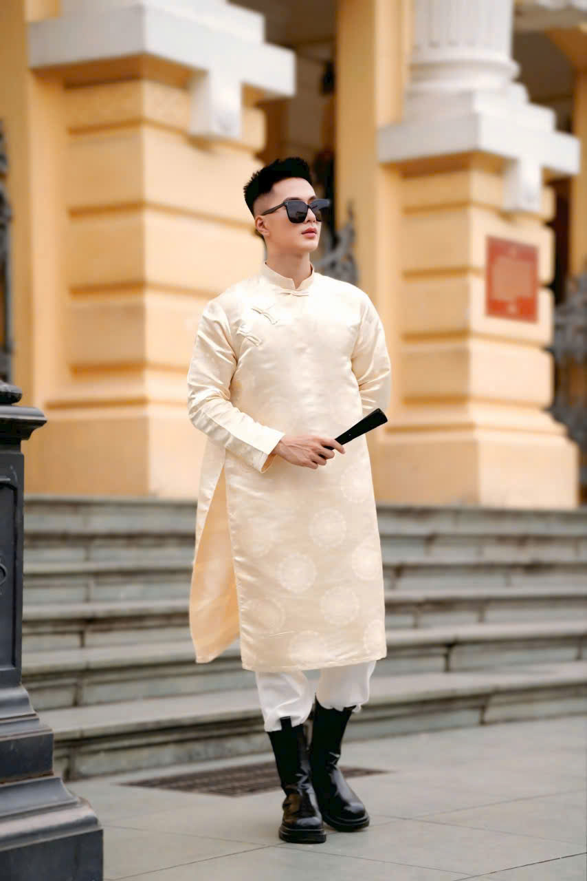 Beige Gấm Ao Dai Men - Traditional Ao Dai Vietnam - Uniform Ao Dai For Men