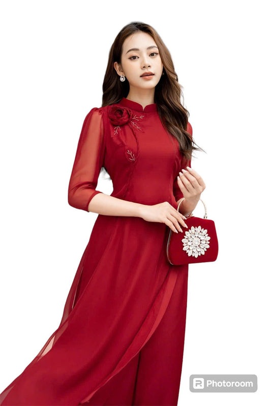 Red Ao dai with 3d Floral Ribbon - Modern Ao Dai Set - Ready To ship