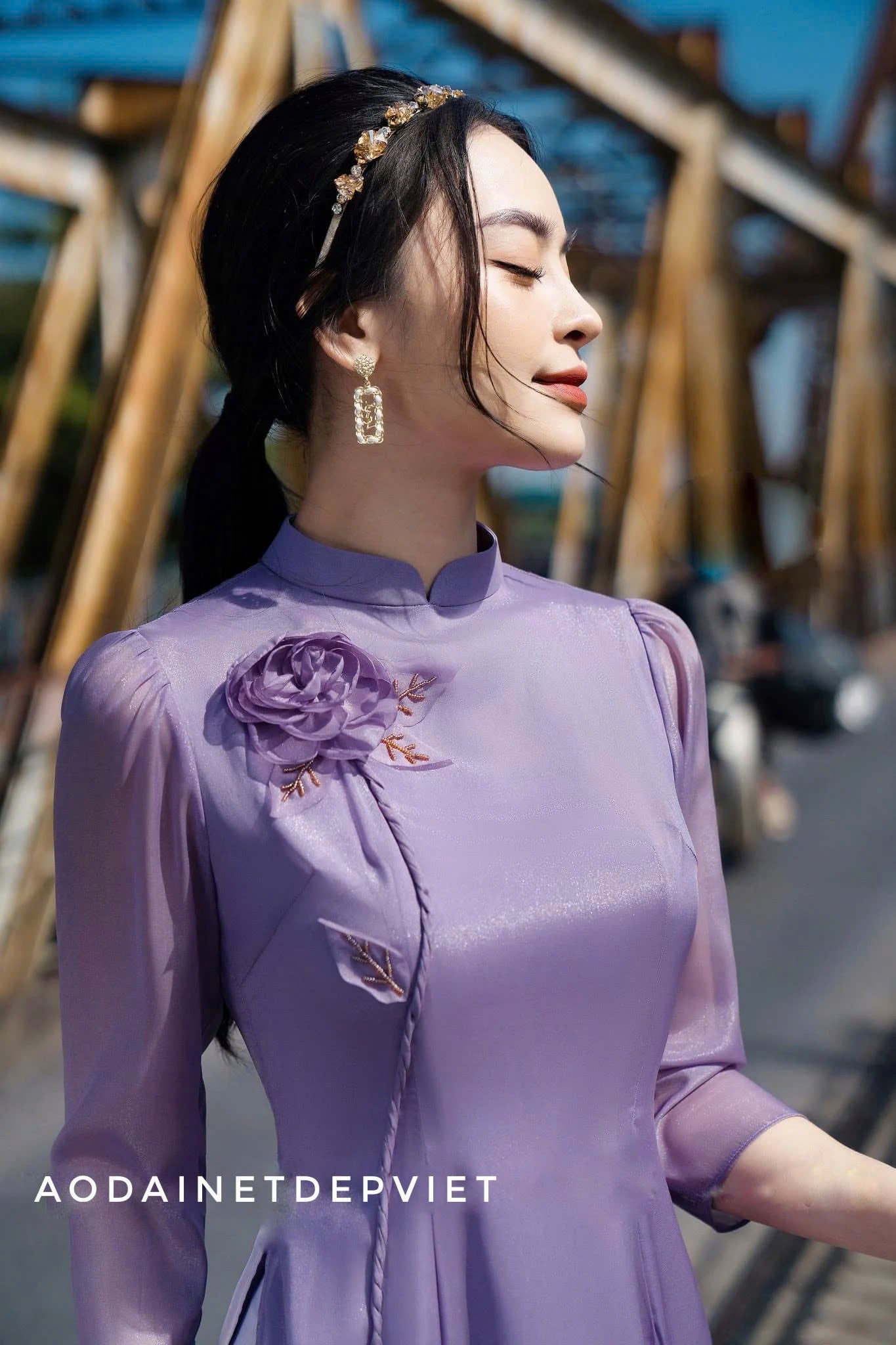 Purple Ao dai with Rose 3D Floral Ribbon - Modern Ao Dai Set