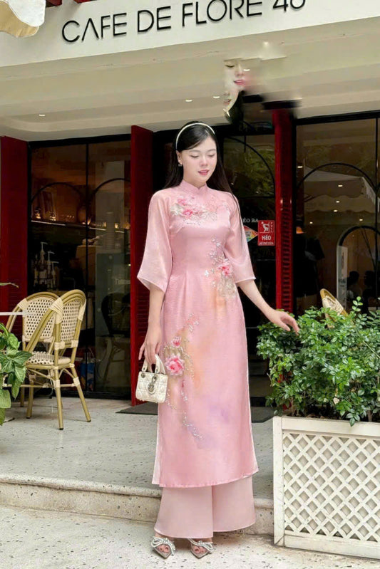 Pink 3D Floral With Crystals | Ao Dai Women Modern