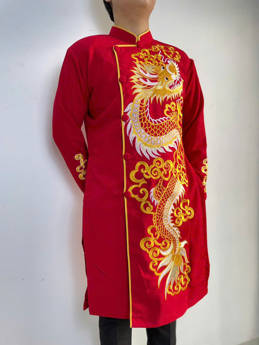 Red Embroidered Ao Dai for Men - Vietnamese Traditional Dress For Men