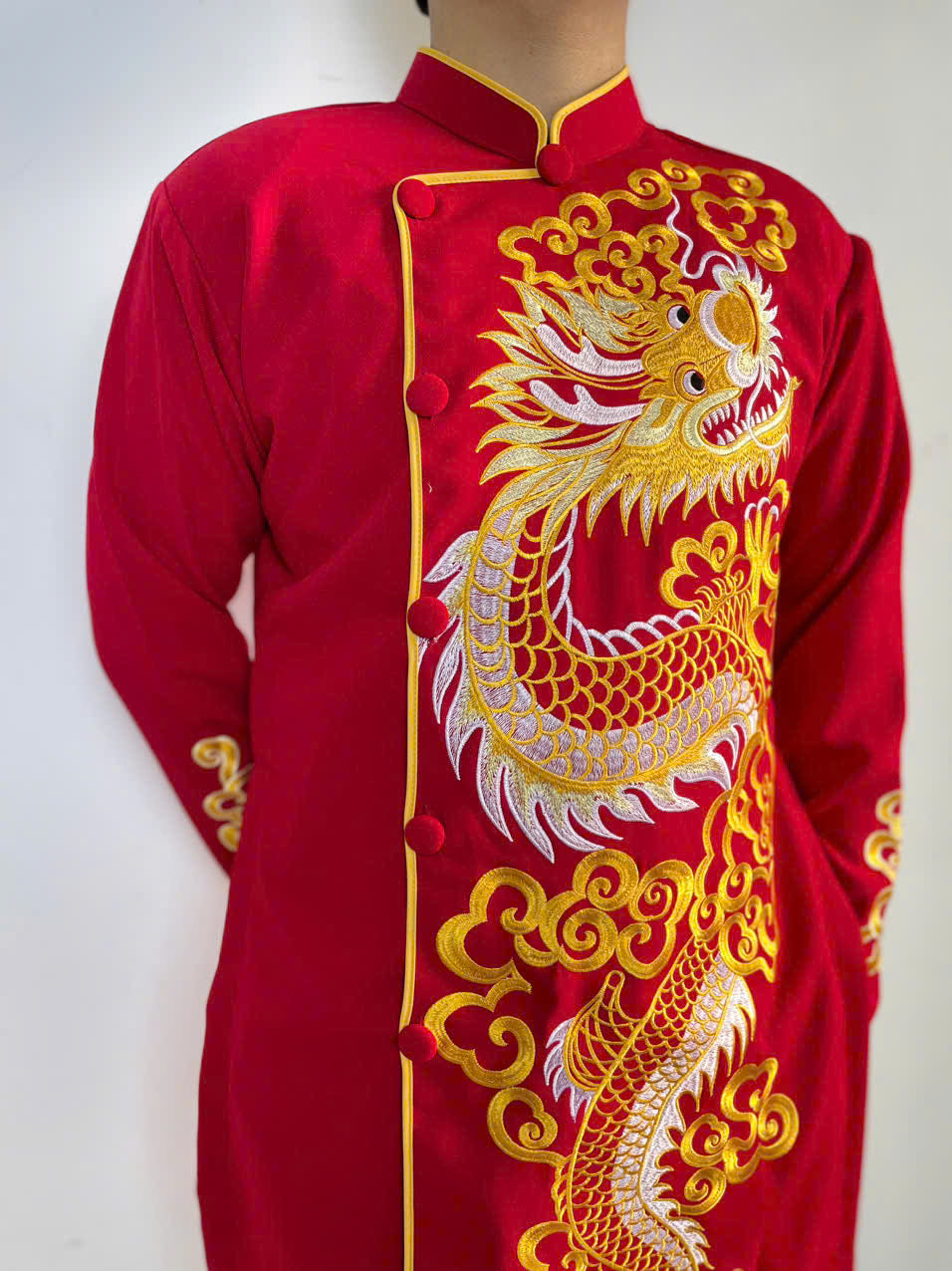 Red Embroidered Ao Dai Men | Wedding Ao Dai For Men