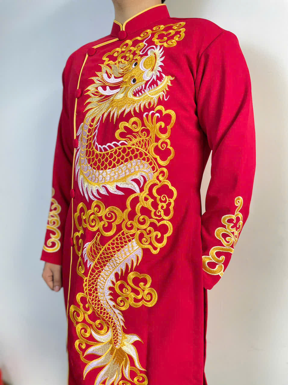 Red Embroidered Ao Dai Men | Wedding Ao Dai For Men