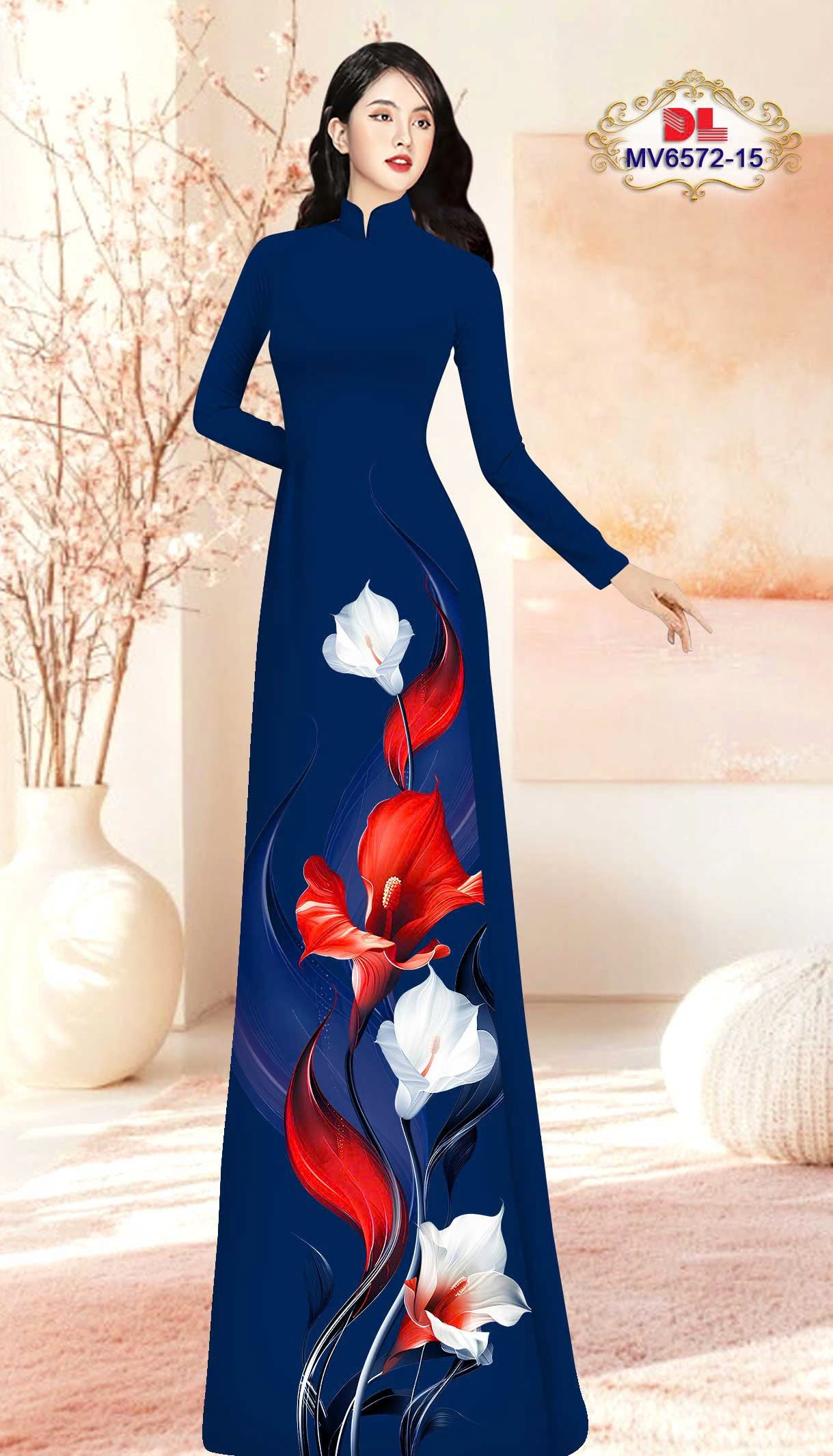 Pre-order: Vietnamese Ao Dai with Bold Red & White Lily Print| Ao Dai Viet Nam