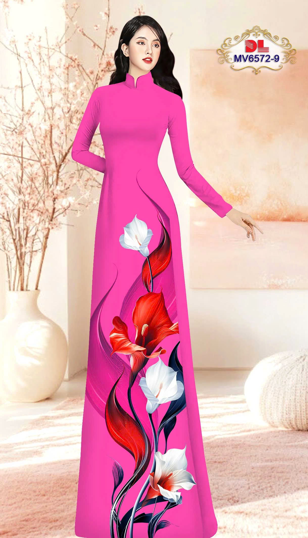 Pre-order: Vietnamese Ao Dai with Bold Red & White Lily Print| Ao Dai Viet Nam