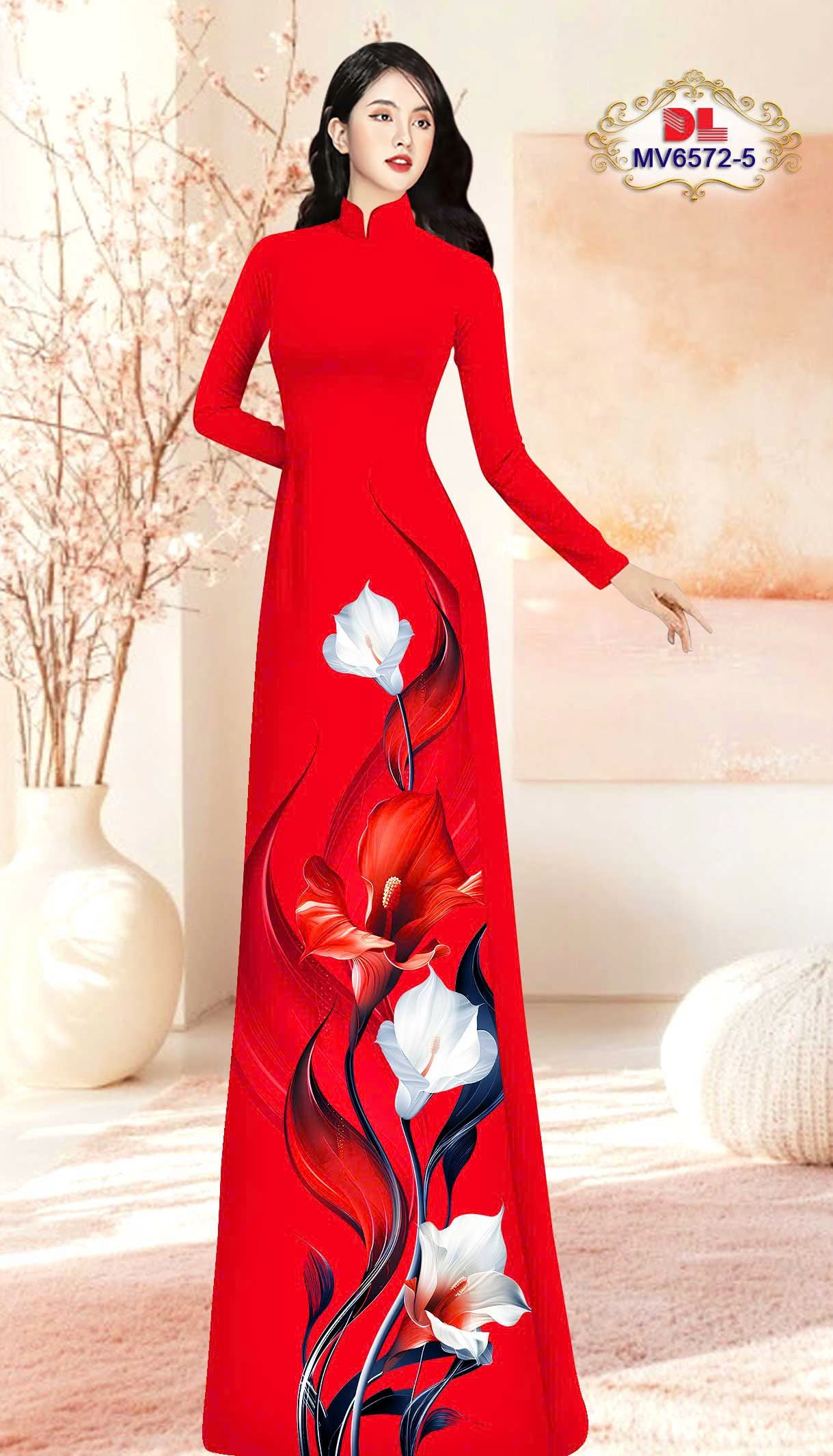 Pre-order: Vietnamese Ao Dai with Bold Red & White Lily Print| Ao Dai Viet Nam