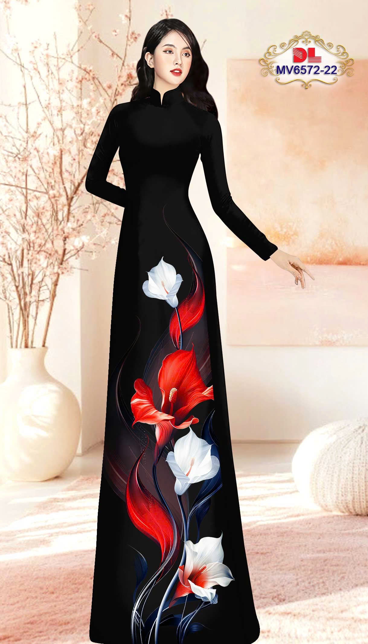 Pre-order: Vietnamese Ao Dai with Bold Red & White Lily Print| Ao Dai Viet Nam