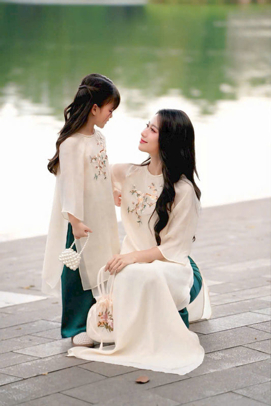 Cream Ao Dai Matching Set for Family | Vietnamese Dress for Wedding / Tet