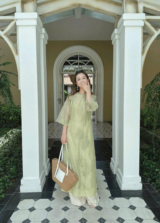 Moss Green Shifted Modern Ao Dai Dress | Pastel Ao Dai