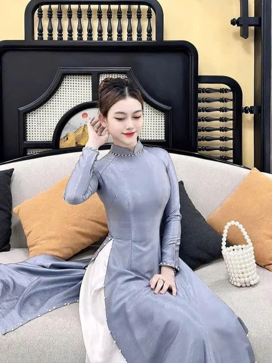 Gray Ao Dai Lụa Vân Gỗ with Pearls | Vietnamese Traditional Ao Dai