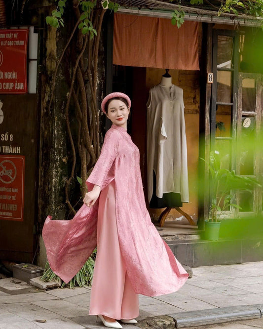 Vietnamese Traditional Ao Dai Dress - Áo Dài Lụa Thọ - Headband Ao Dai