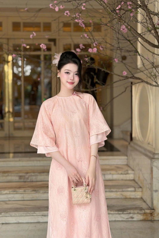 YEN CHI Ao Dai | Pink Floral embroidery Lace Ao Dai | Modern Vietnamese Ao Dai