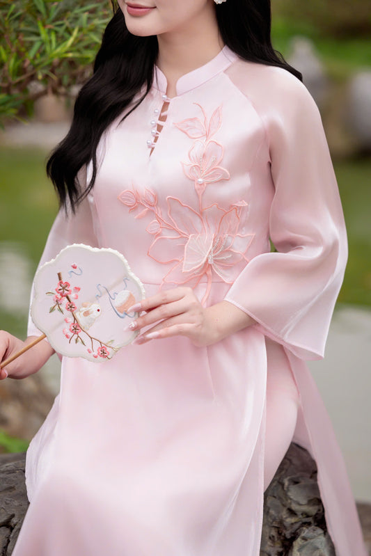 Pink Floral Embroidery Ao Dai | Vietnamese Ao Dai Modern