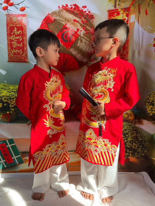 PE3: Dragon Vietnamese Boy Ao Dai - Vietnamese Long Dress Ao Dai For Kid | Red\Blue