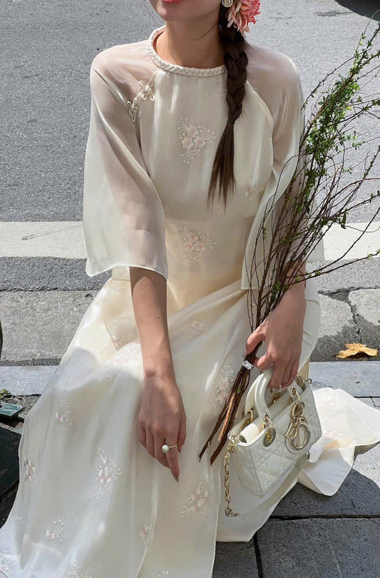Cream Tơ Embroidery - Blossom Modern Ao Dai Set